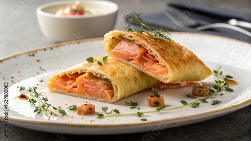 Gourmet brik with smoked salmon and fresh herbs served on an elegant plate in a modern dining setting