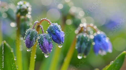 Closeup of blue flower buds covered in water droplets with green leaves and a blurred bright background
