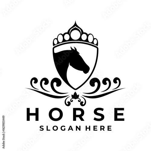 Vintage Horse logo design vector template. Horse with shield logo design icon