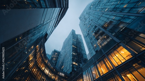 Low-angle view of modern skyscrapers at dusk