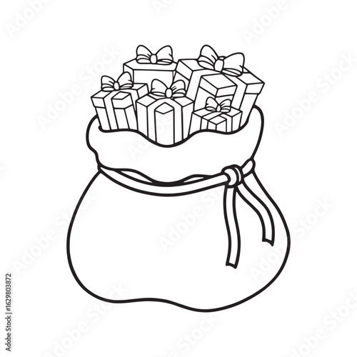 Santa's sack full of gifts outline. Christmas holiday symbol with present boxes and bows. Simple black line art coloring page, vector illustration isolated on a white background.
