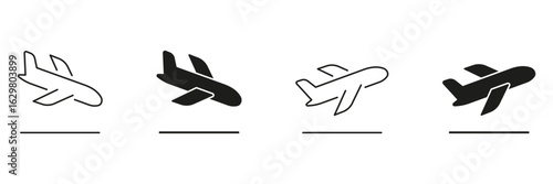 Airplane Takeoff And Landing Icon Set. Aviation And Flight Operation Symbol Collection. Aircraft Departure And Arrival Silhouette Icons. Isolated Vector Illustration