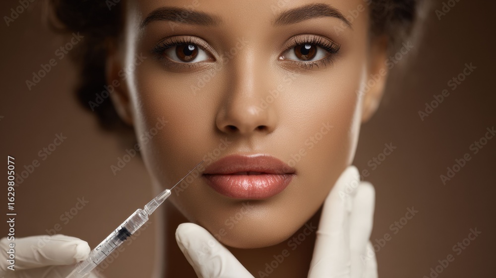 Obraz premium Black woman receiving Botox treatment for smoother, youthful skin. Professional facial enhancement with aesthetic care.