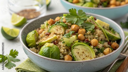 Enjoying a nutritious brussel sprout salad with quinoa, chickpeas, and fresh herbs as a protein-packed meal option