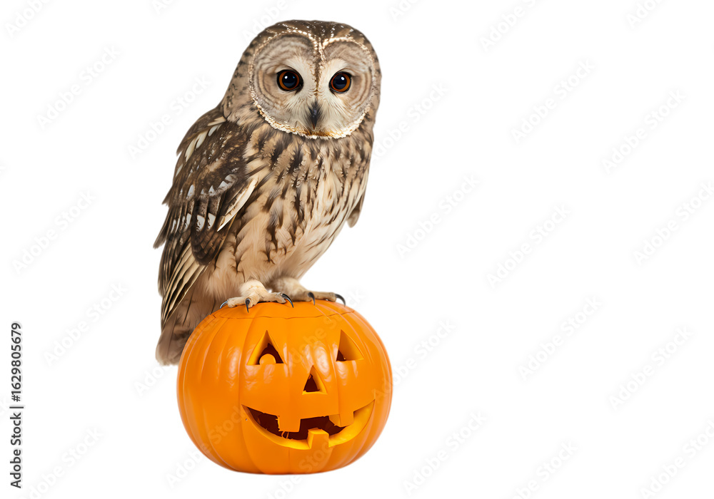 Fototapeta premium Tawny Owl Perched on a Carved Pumpkin: Halloween Wildlife Photography