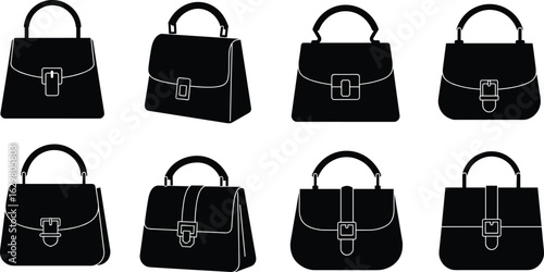 Stylish black handbag silhouettes, elegant purse clipart set, modern fashion accessories