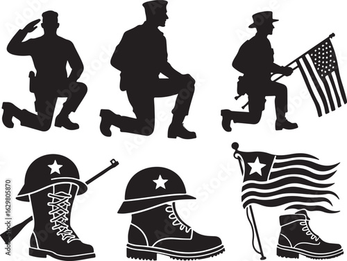 Saluting soldiers and memorial boots honor fallen heroes