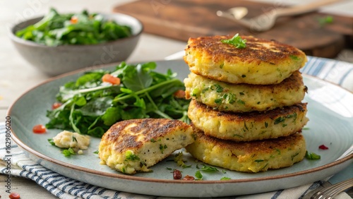 Golden crispy bubble and squeak patties served with fresh salad on a rustic table