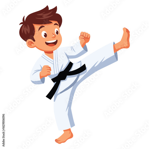 Karate kid with black belt kicking