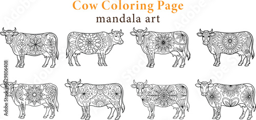 Detailed cow coloring page designs featuring intricate mandala patterns for artistic expression and relaxation purposes.