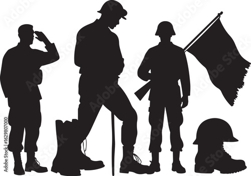 Soldiers saluting, standing guard, holding flag, with boots