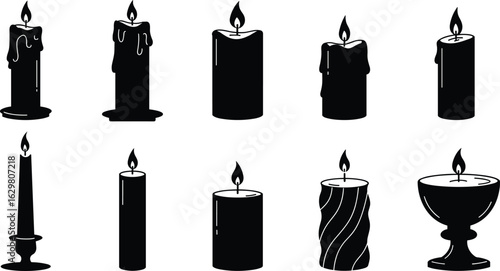 Variety of candle silhouettes including dripping, pillar, taper, and decorative candle
