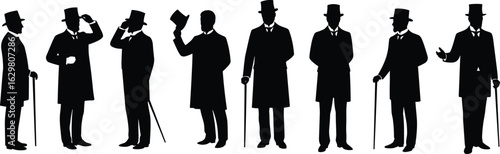 Victorian gentleman silhouettes vector – vintage men in top hats and canes for steampunk