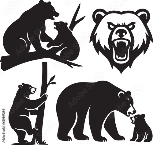 Collection of bear illustrations isolated on white background, including family
