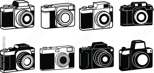 Vintage camera icon set, black and white photography clipart, retro photo equipment