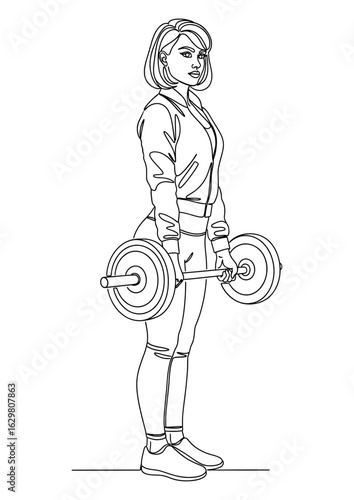 Woman standing with a barbell, preparing for a deadlift or strength training.
