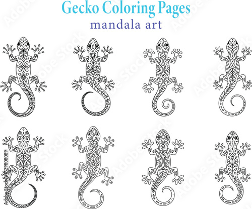 Detailed black and white gecko coloring pages with mandala art designs for relaxation and creative expression