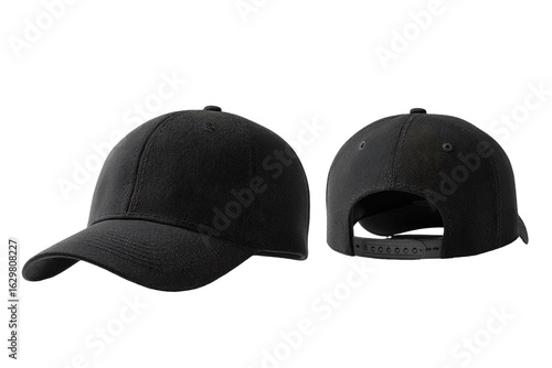 Two views of a black baseball cap