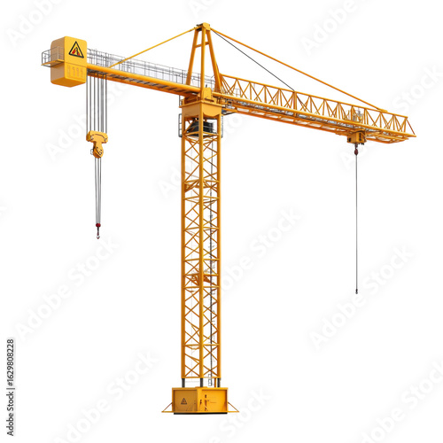 Yellow construction crane with hook and cables, industrial machinery for lifting heavy materials, building and infrastructure projects on transparent background