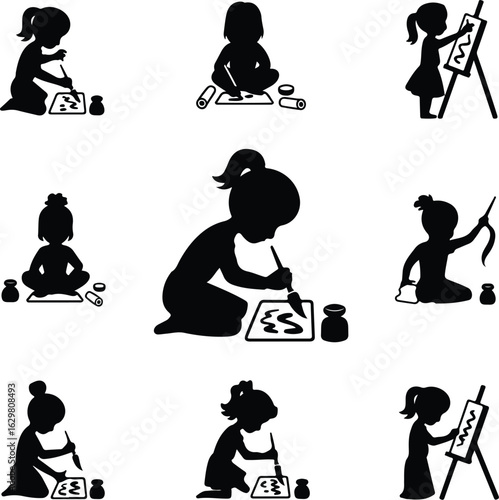 Girl Doing Calligraphy Silhouette Icon Set – Elegant Writing Art Calligraphy Artist Girl Icon Set – Creative Silhouette Design