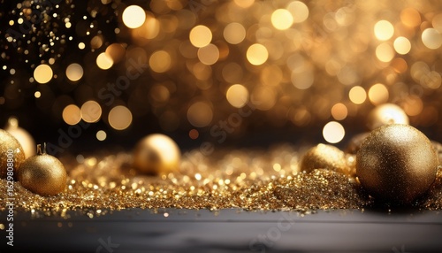 elegant black and gold holiday background featuring shimmering glitter and soft bokeh lights for a festive and luxurious atmosphere