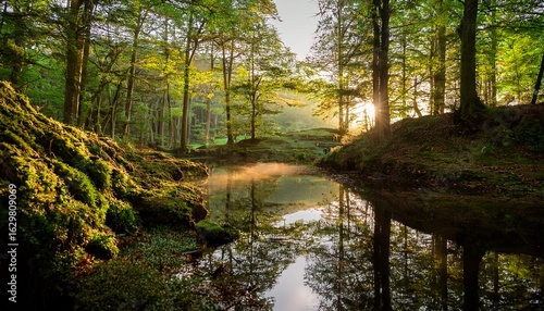 a serene forest landscape with sunlight filtering through the trees reflecting on a tranquil pond
