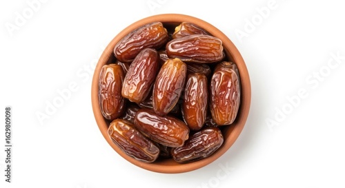 Dried dates piled high in a small, terracotta bowl against a white background.