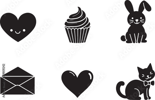 Cute icons: heart, cupcake, bunny, envelope, cat