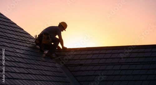 Silhouette of a roofer working on a house's dark gray shingle roof at sunset.