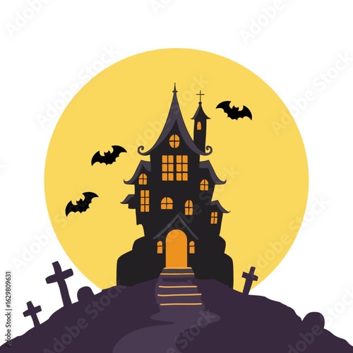 Spooky Haunted House with Full Moon and Flying Bats Halloween Motion Graphics Animation