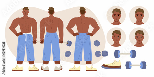 Fit man character design showing front back and facial expressions with gym equipment