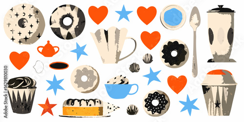 Whimsical collection of sweet treats and festive shapes with hearts and stars