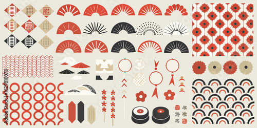 Collection of japanese inspired graphic elements featuring fans flowers waves sushi and geometric patterns in red black and beige
