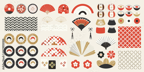 Collection of japanese cultural icons and patterns in a flat design style
