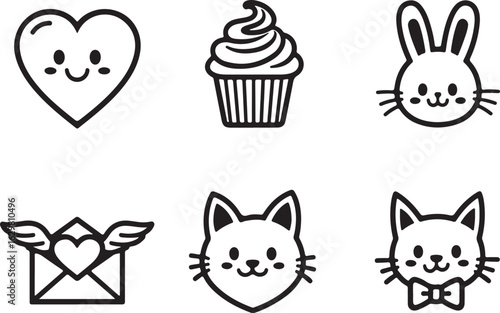 Cute icons: heart, cupcake, bunny, envelope, cats