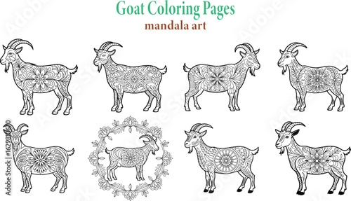Detailed goat mandala art illustrations for coloring pages and artistic design projects for relaxation.
