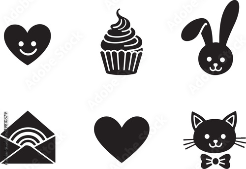 Cute icons: heart, cupcake, bunny, envelope, cat, love