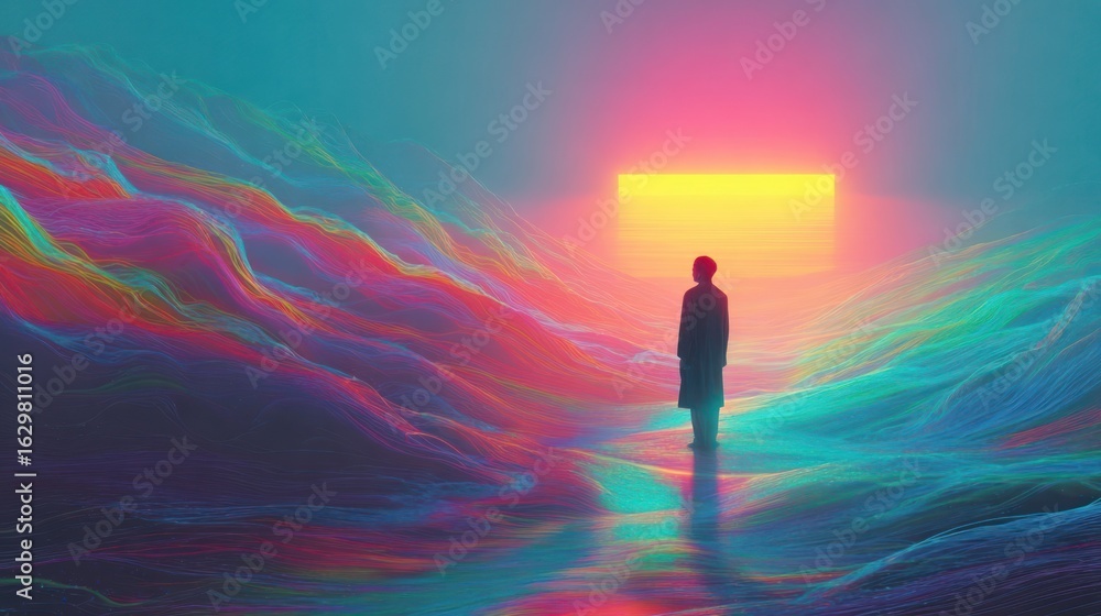 Fototapeta premium Silhouette figure in a vibrant, surreal landscape