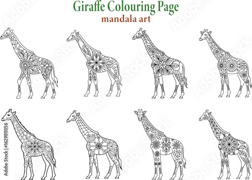 Detailed giraffe coloring page featuring beautiful floral mandala designs ready for creative coloring fun