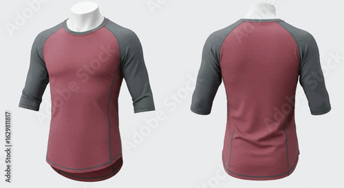 Men's two-tone raglan t-shirt mockup with three-quarter sleeves. Front and back view of a baseball style tee on a mannequin.