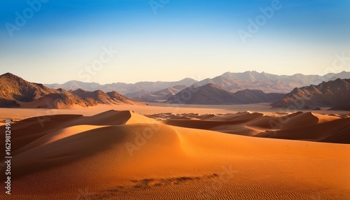 serene desert landscape with mountains and shimmering sand dunes