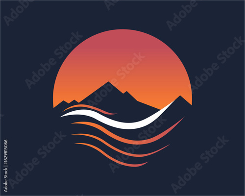 Mountain range silhouette with wavy lines in front of a gradient sunset circle, against a dark background.