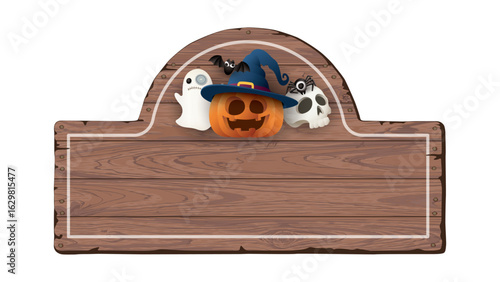 Blank old wooden signboard isolated with 3D cute halloween's cartoon character decorated graphic illustration.