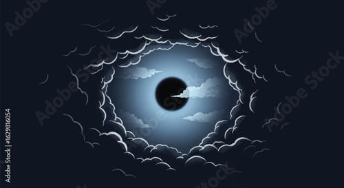 A mysterious total solar eclipse in a dark night sky, viewed through a circular frame of clouds.