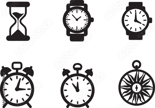 Time icons hourglass watch alarm clock compass modern simple