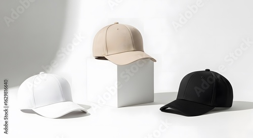 Set of Blank Baseball Caps in White, Beige, and Black on Minimalist Background