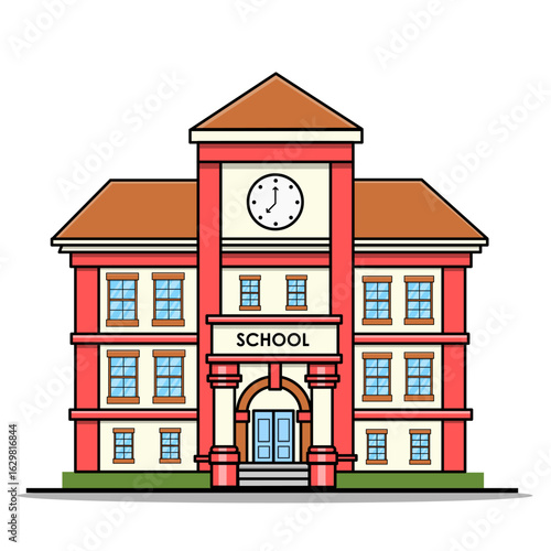 School Building Illustration Vector Flat Design, Back To School Theme