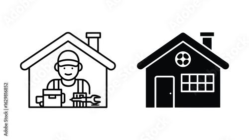 Home repair service:  handyman icon set,  black and white line art style,  simple and friendly mood,  house maintenance,  professional services.