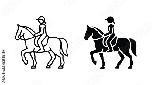 Simple line art and solid black icon set: Rider on horseback, equestrian sport, minimalist design, vector illustration, hobby, leisure activity, equine, riding, silhouette.