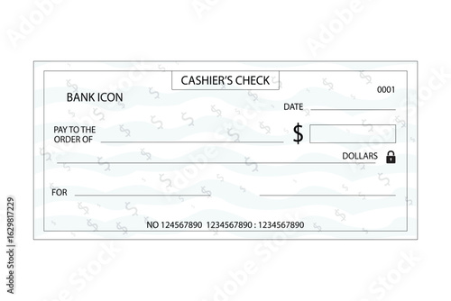 Cashiers check document with dollar signs and lock finance money. blank bank check. checkbook vector template.